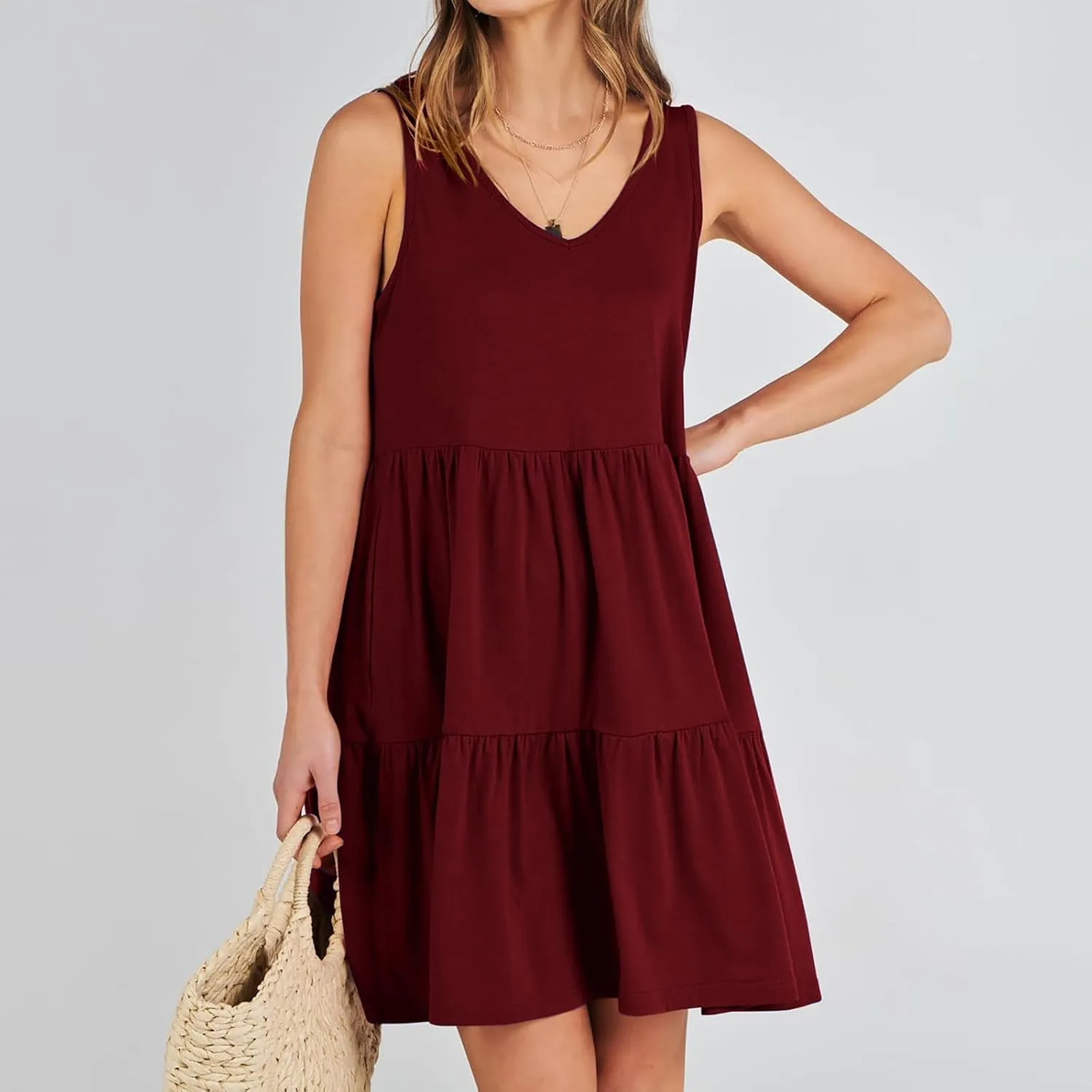 Women's V Neck Tiered Ruffle Dress, Casual Beach Sundress Elegant Loose Swing Summer Dresses Trendy Mini Tank Dress