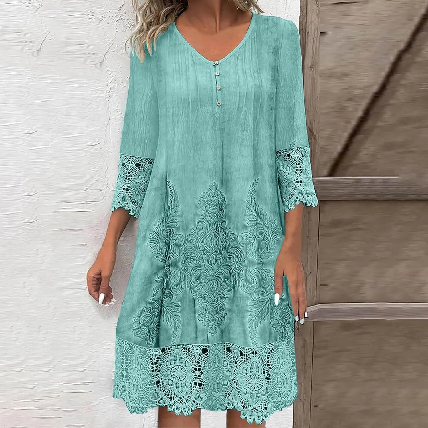 Women's Vintage Floral Crochet T-Shirt Dress Lace Embroidered Short Dresses 3/4 Sleeve V-Neck Loose Mini Sundress