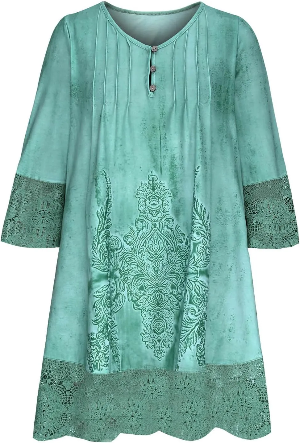 Women's Vintage Floral Crochet T-Shirt Dress Lace Embroidered Short Dresses 3/4 Sleeve V-Neck Loose Mini Sundress