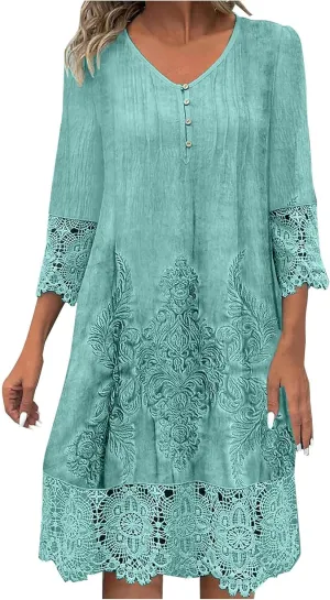 Women's Vintage Floral Crochet T-Shirt Dress Lace Embroidered Short Dresses 3/4 Sleeve V-Neck Loose Mini Sundress