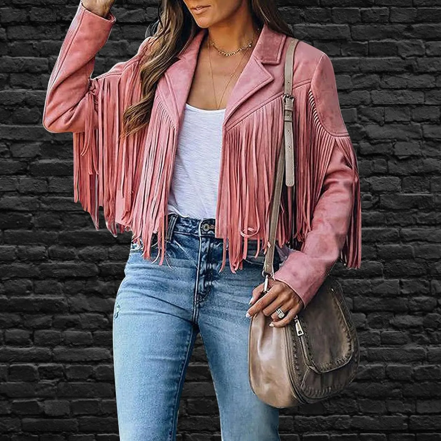 Womens Vintage Tassel Cropped Motor Biker Faux Suede Jackets Long Sleeve Hippie Boho Western Cowgirl Fringe Coat Outwear