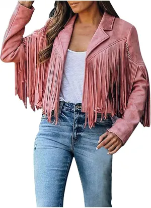 Womens Vintage Tassel Cropped Motor Biker Faux Suede Jackets Long Sleeve Hippie Boho Western Cowgirl Fringe Coat Outwear
