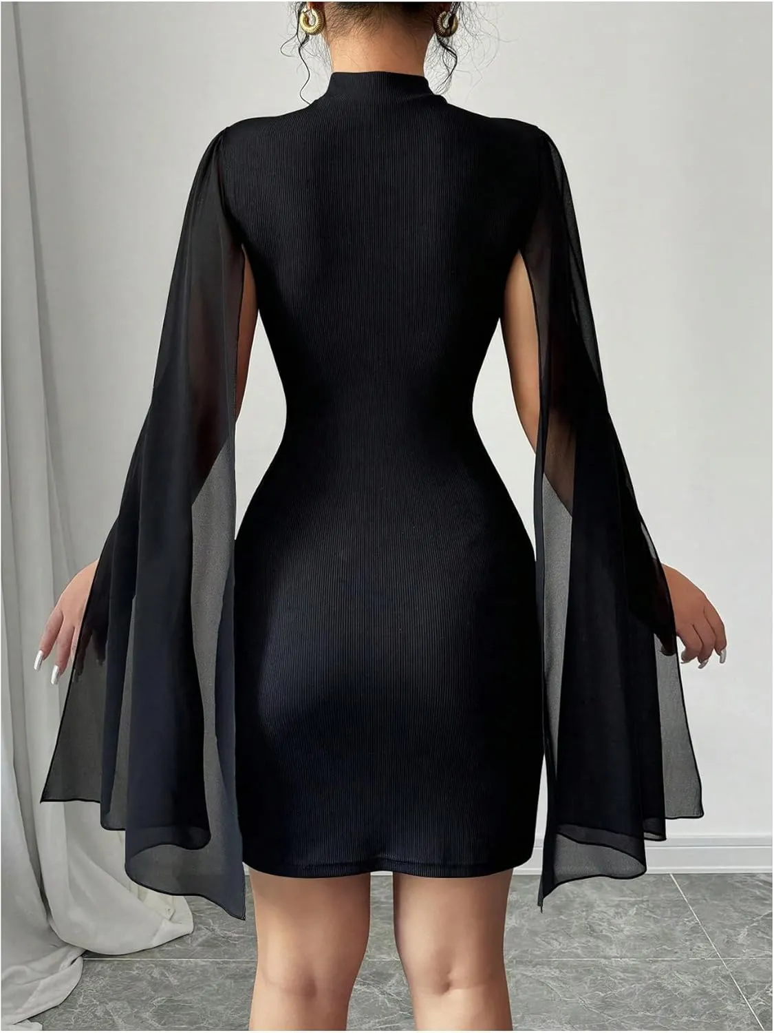 Women's Y2K Cape Sleeve Dress Mock Neck Bodycon Mesh Elegant Cocktail Mini Dress