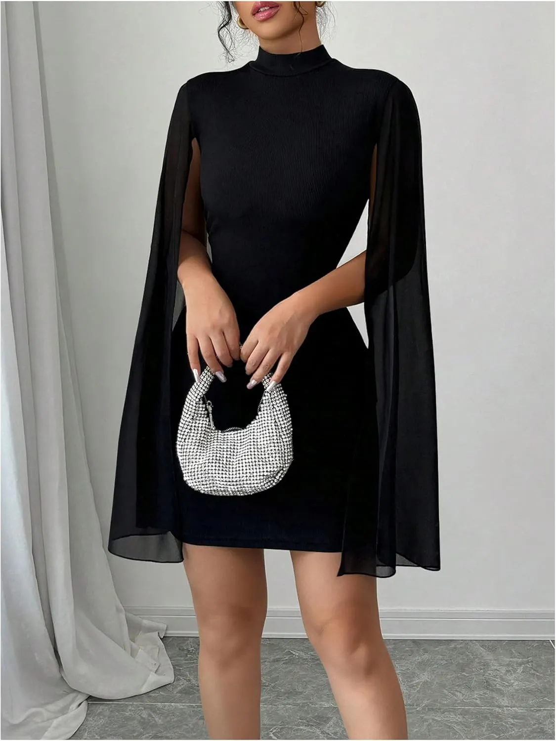 Women's Y2K Cape Sleeve Dress Mock Neck Bodycon Mesh Elegant Cocktail Mini Dress