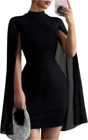 Women's Y2K Cape Sleeve Dress Mock Neck Bodycon Mesh Elegant Cocktail Mini Dress