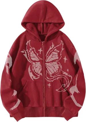Womens Y2K Sweatshirt Casual Zip Up Oversize Hoodie Butterfly Graphic Jacket 90S E-Girl Hoodie Long Sleeve Streetwear
