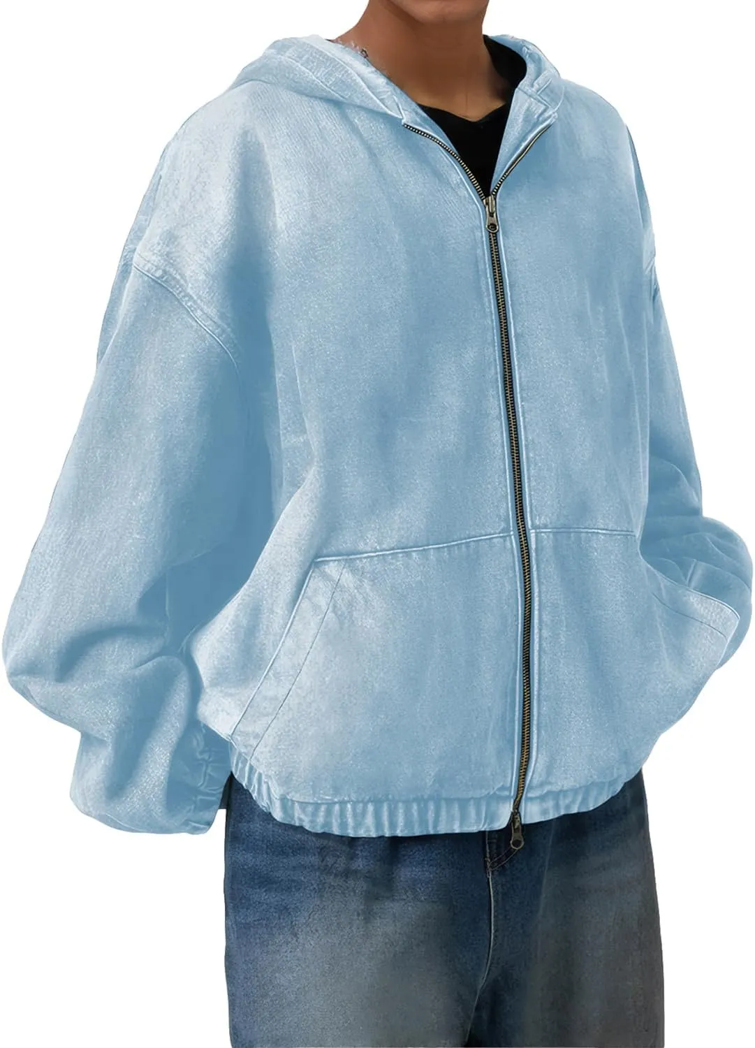 Women's Zip Up Denim Hoodie Sweatshirt Jean Jacket Coats with Pockets