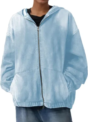 Women's Zip Up Denim Hoodie Sweatshirt Jean Jacket Coats with Pockets