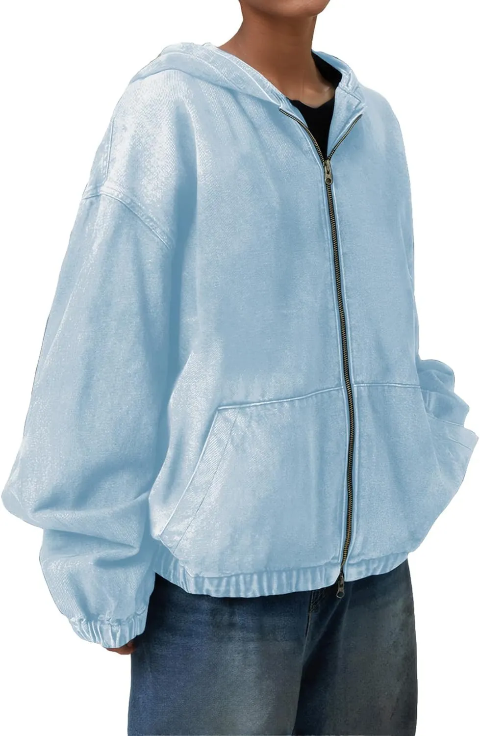 Women's Zip Up Denim Hoodie Sweatshirt Jean Jacket Coats with Pockets