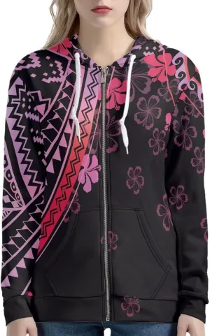 Women's Zip Up Samoa Tapa Polynesian Tribal Hoodies Jacket Samoan Puletasi Drawstring Long Sleeve Sweatshirt