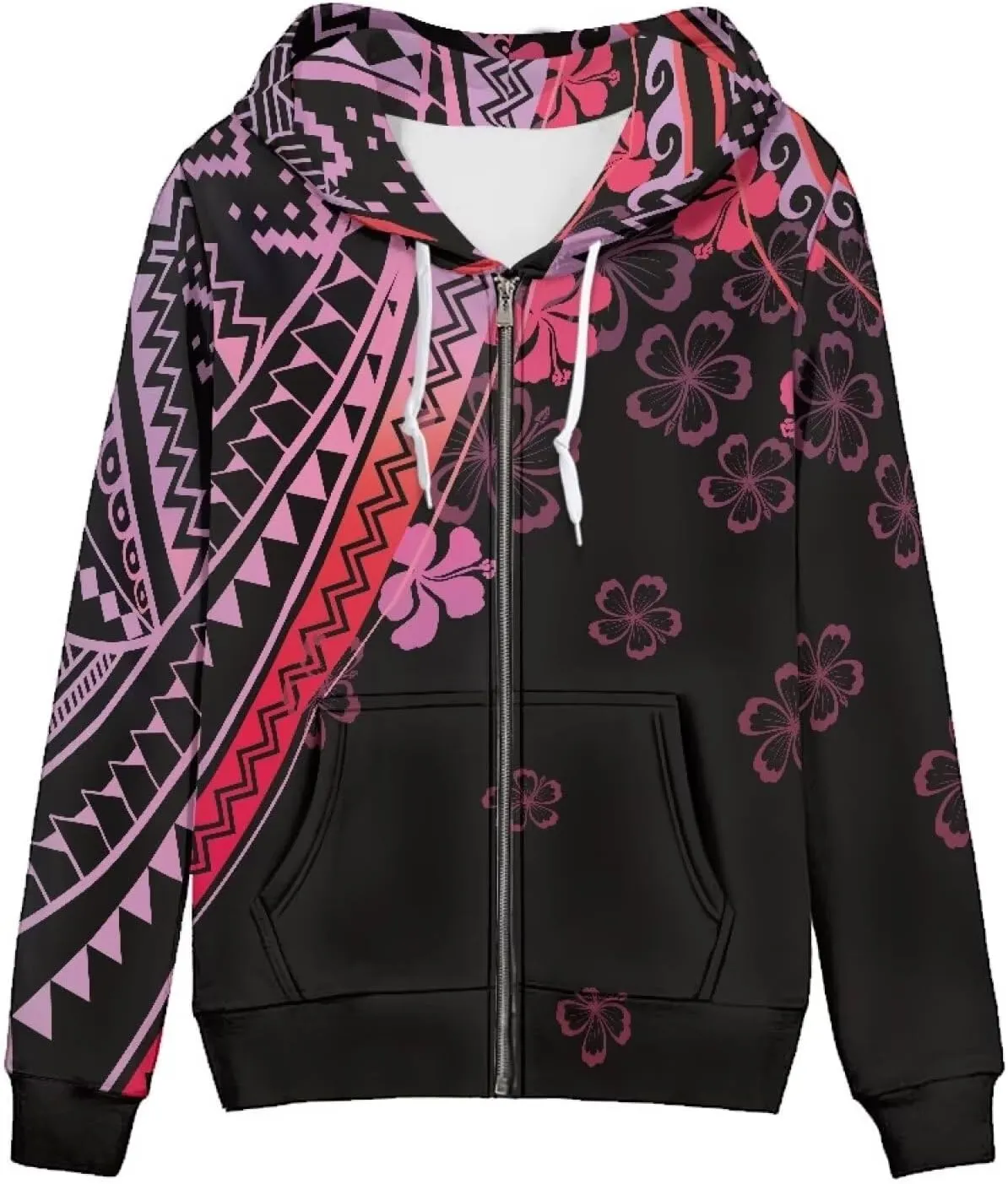 Women's Zip Up Samoa Tapa Polynesian Tribal Hoodies Jacket Samoan Puletasi Drawstring Long Sleeve Sweatshirt
