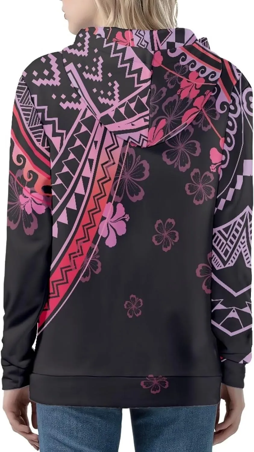 Women's Zip Up Samoa Tapa Polynesian Tribal Hoodies Jacket Samoan Puletasi Drawstring Long Sleeve Sweatshirt