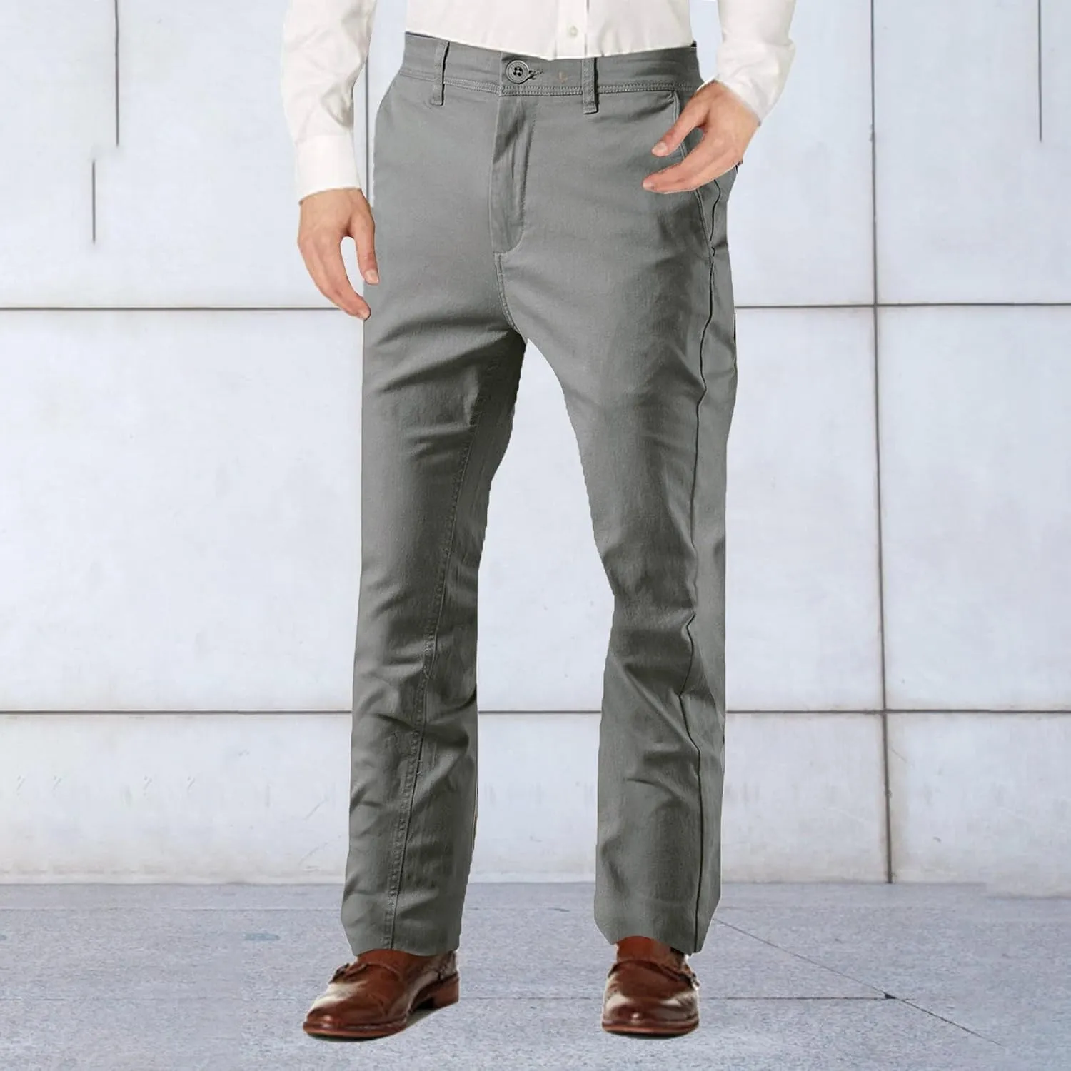 Work Pants for Men Fleece Chinos Trousers Expandable Waist Flat Front Skinny Suit Pants Tapered Straight Leg Golf Dress Pants