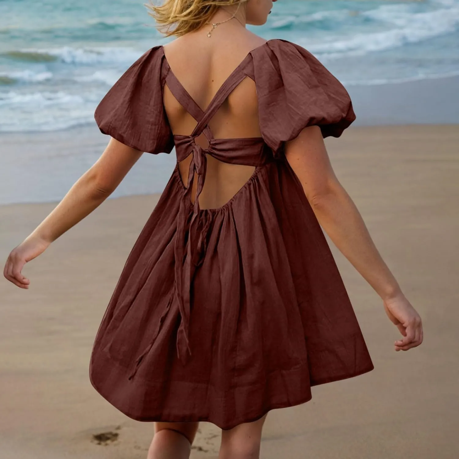 Xiaojmake Babydoll Dress for Women 2025 Cute Puff Short Sleeve Square Neck Short Dress High Waist A Line Bubble Mini Dresses