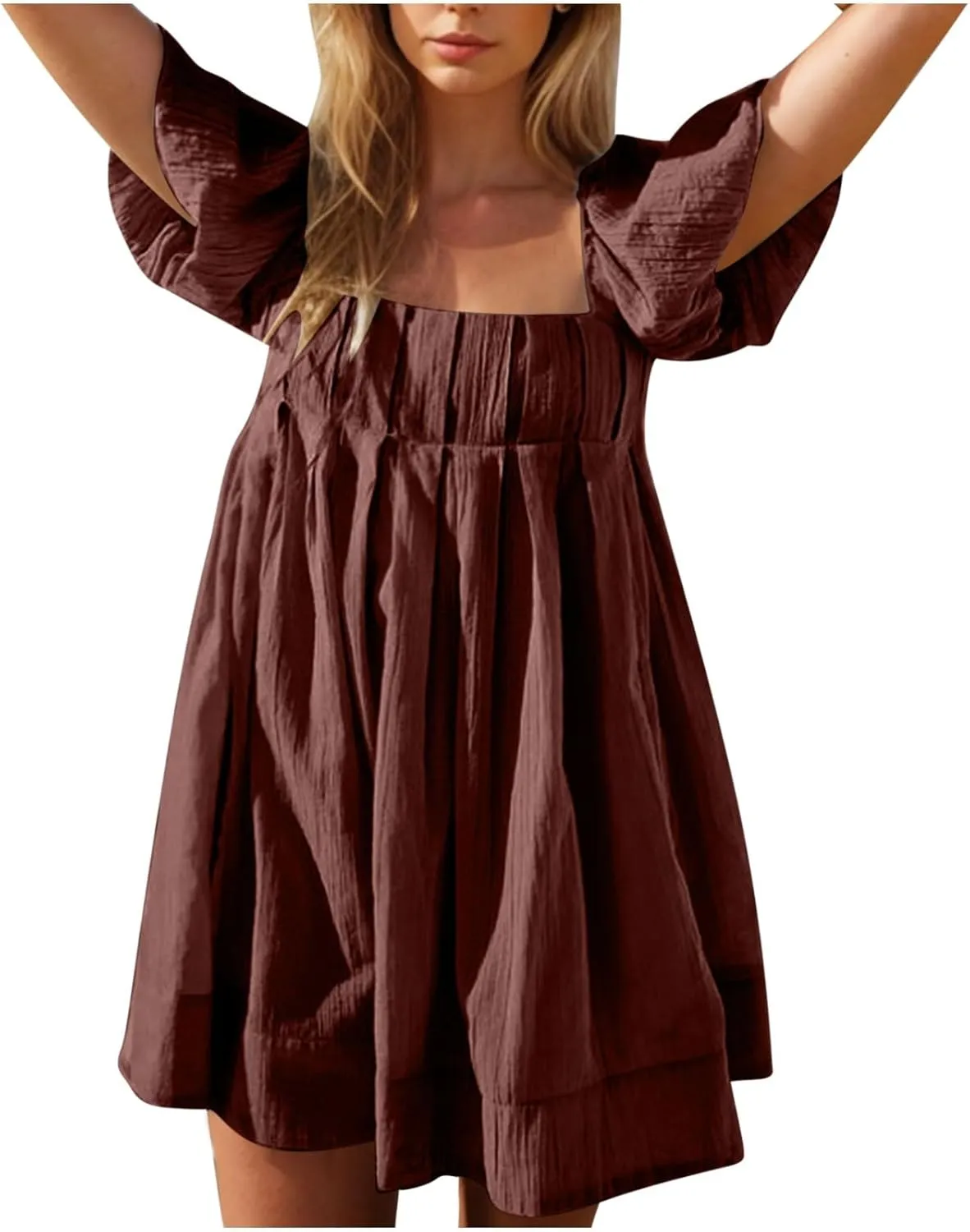 Xiaojmake Babydoll Dress for Women 2025 Cute Puff Short Sleeve Square Neck Short Dress High Waist A Line Bubble Mini Dresses
