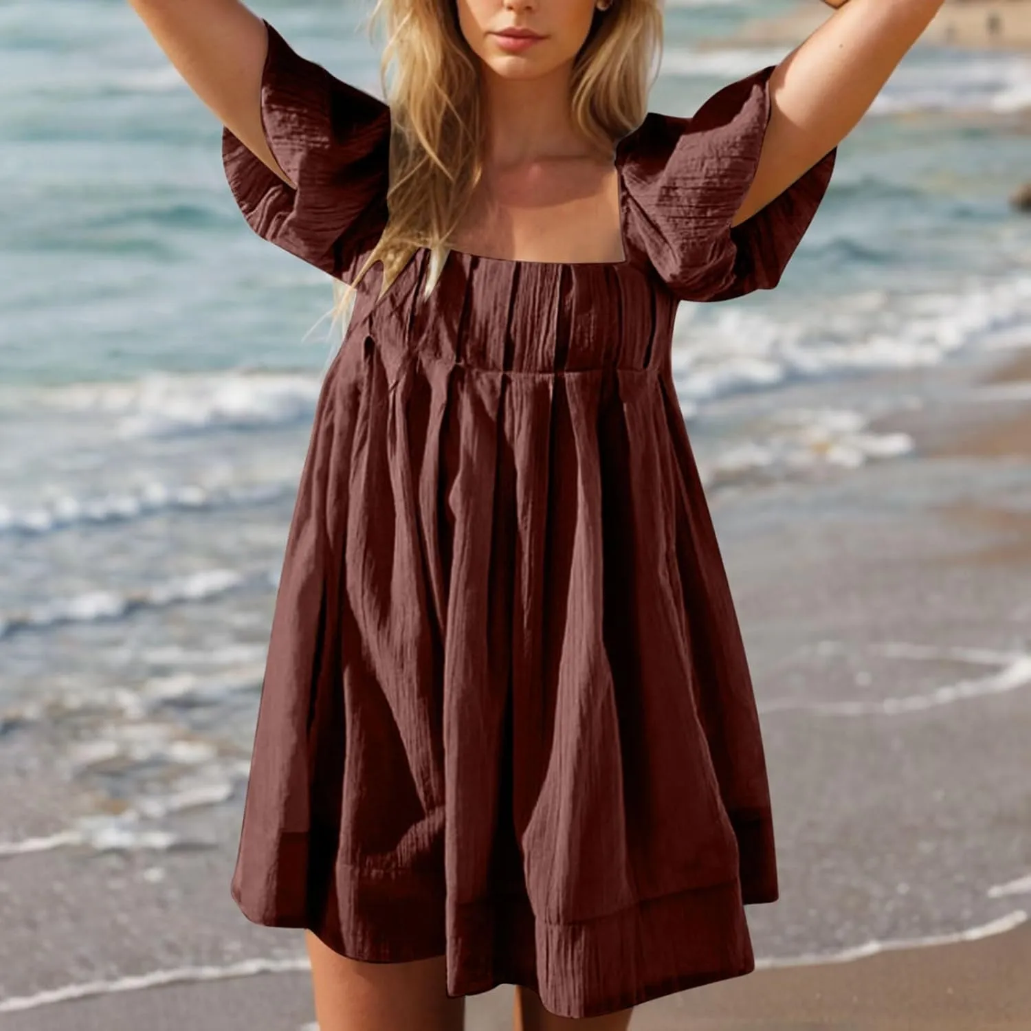 Xiaojmake Babydoll Dress for Women 2025 Cute Puff Short Sleeve Square Neck Short Dress High Waist A Line Bubble Mini Dresses