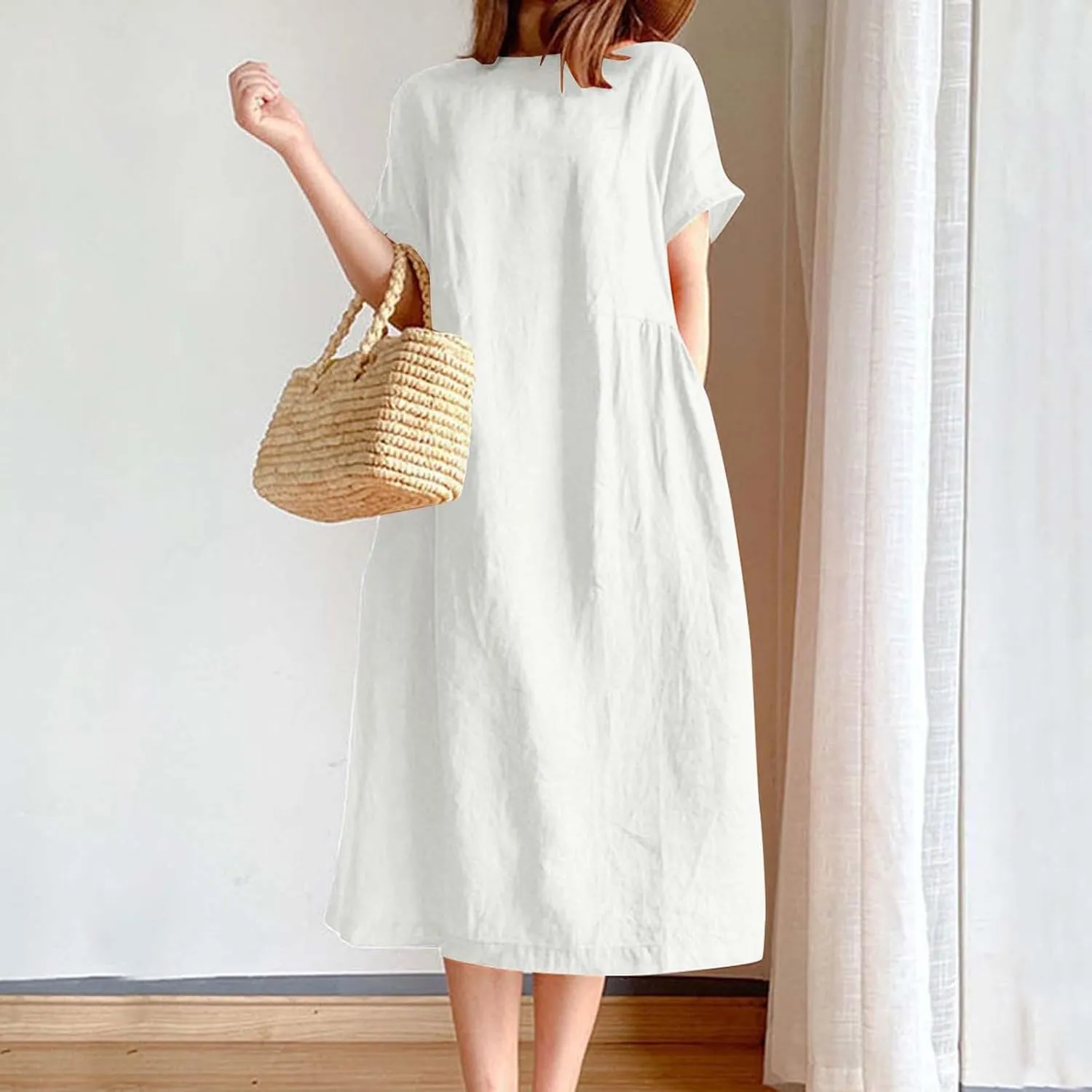 Xiaojmake Plus Size Casual Cotton Linen Dress for Women Mock Neck Short Sleeve Summer Loose Flowy Midi Dress with Pockets