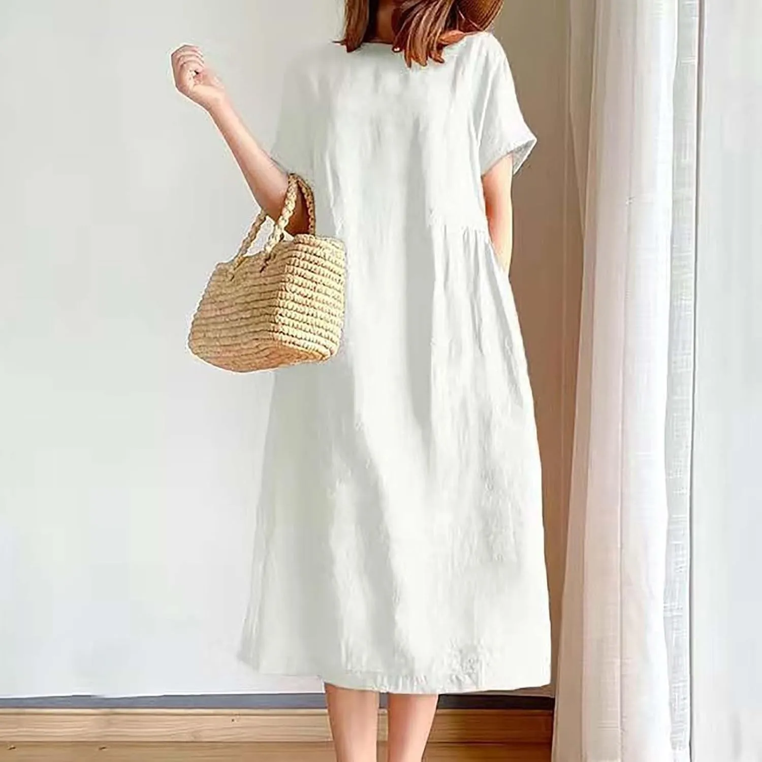 Xiaojmake Plus Size Casual Cotton Linen Dress for Women Mock Neck Short Sleeve Summer Loose Flowy Midi Dress with Pockets