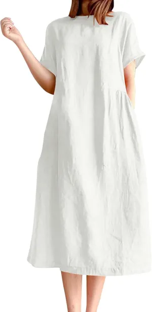 Xiaojmake Plus Size Casual Cotton Linen Dress for Women Mock Neck Short Sleeve Summer Loose Flowy Midi Dress with Pockets