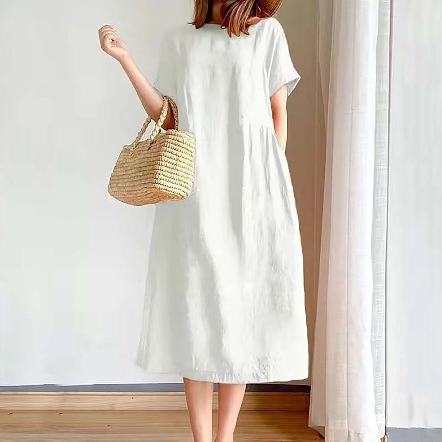 Xiaojmake Plus Size Casual Cotton Linen Dress for Women Mock Neck Short Sleeve Summer Loose Flowy Midi Dress with Pockets