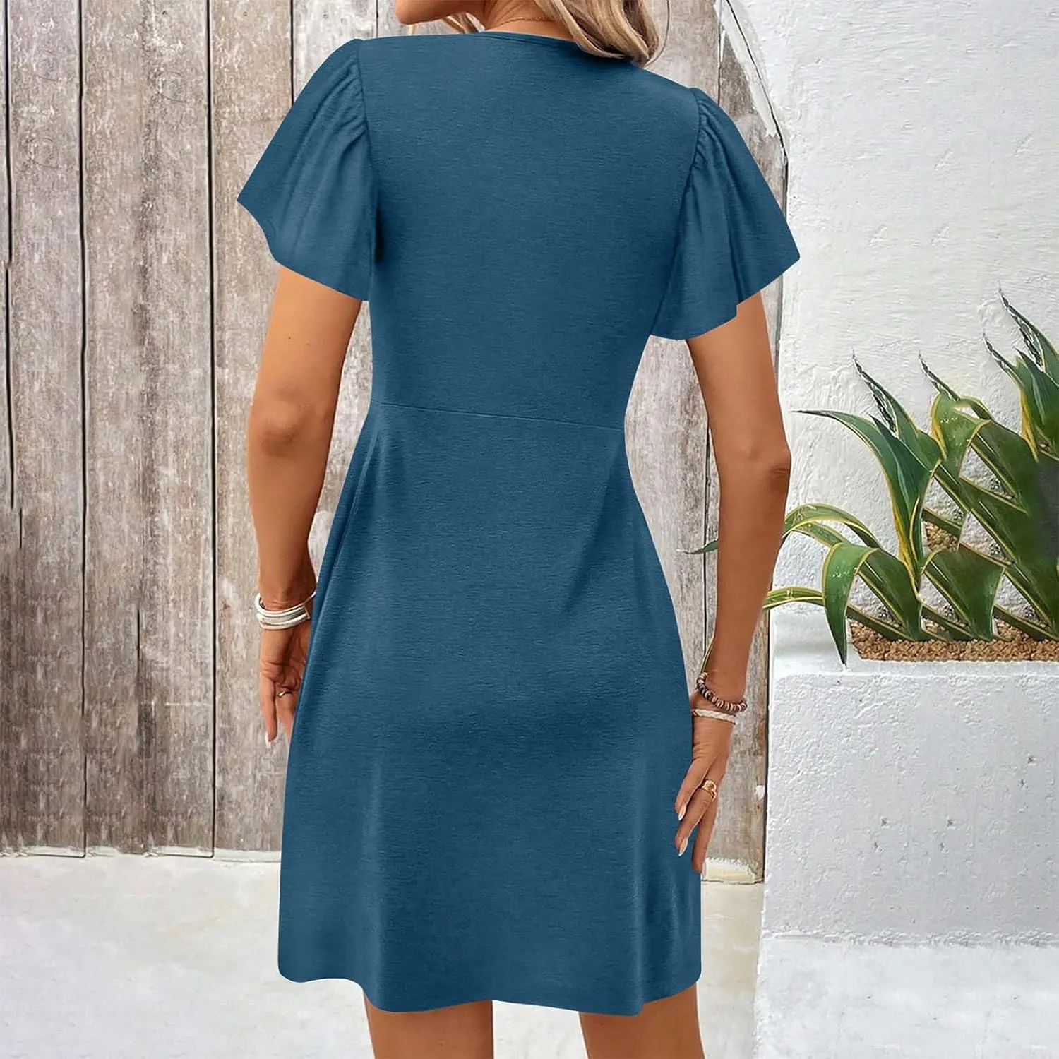 Xiaojmake Women's Casual Summer Dress Twist Front V Neck Short Sleeve Mini Dress Club Party Ruffle Tunic Bodycon Mini Dresses