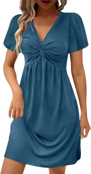Xiaojmake Women's Casual Summer Dress Twist Front V Neck Short Sleeve Mini Dress Club Party Ruffle Tunic Bodycon Mini Dresses