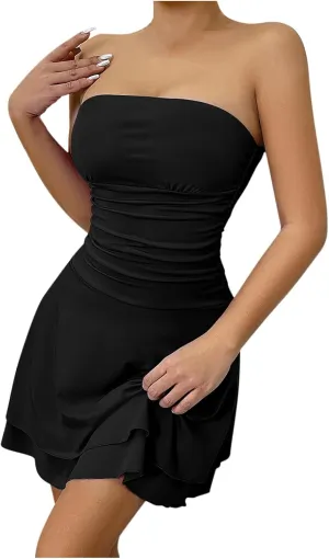 Xiaojmake Womens Cute Ruched Waist Tube Dress Strapless Backless Tiered Layered Ruffle Hem A-Line Bodycon Mini Dress Y2K