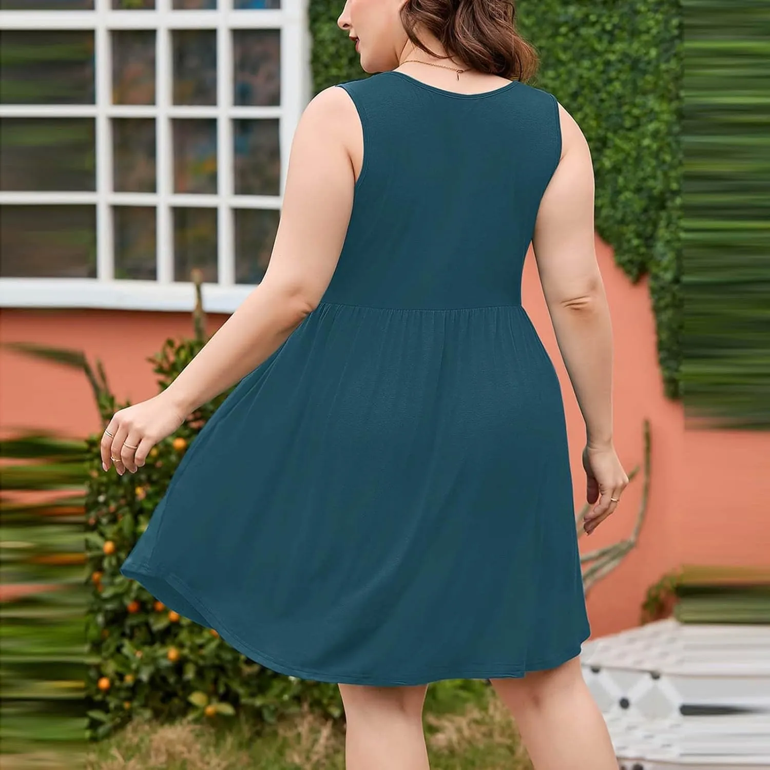 XUNRYAN Summer Tank Dress for Women Plus Size Casual Sleeveless Crewneck Pleated Babydoll Swing Beach Sundresses with Pockets