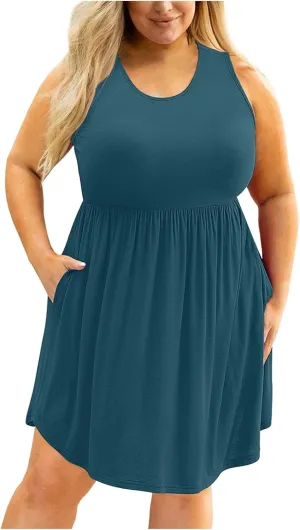XUNRYAN Summer Tank Dress for Women Plus Size Casual Sleeveless Crewneck Pleated Babydoll Swing Beach Sundresses with Pockets