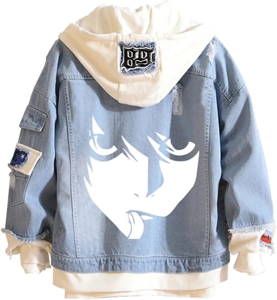 Yagami Light Jeans Jacket Anime Deathnotes Amane Cosplay Denim Jacket Hoodie Casual Ripped Novelty Coat for Unisex
