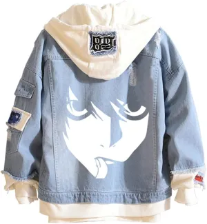 Yagami Light Jeans Jacket Anime Deathnotes Amane Cosplay Denim Jacket Hoodie Casual Ripped Novelty Coat for Unisex