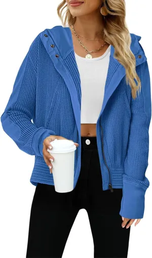 Yanekop Womens Waffle Knit Jackets Zip Up Hoodie Jacket Long Sleeve Cropped Hoodie Fall Outfits Casual Winter Clothes