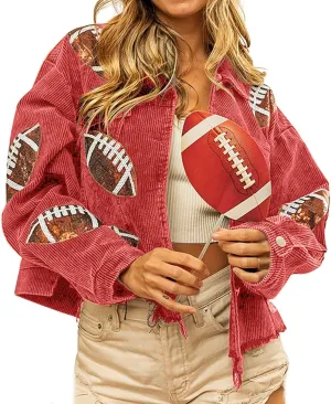 yoeasy Women's Corduroy Rugby Sequin Crop Jacket Raw Hem Vintage Football Distressed Short Jacket Coat With Pockets