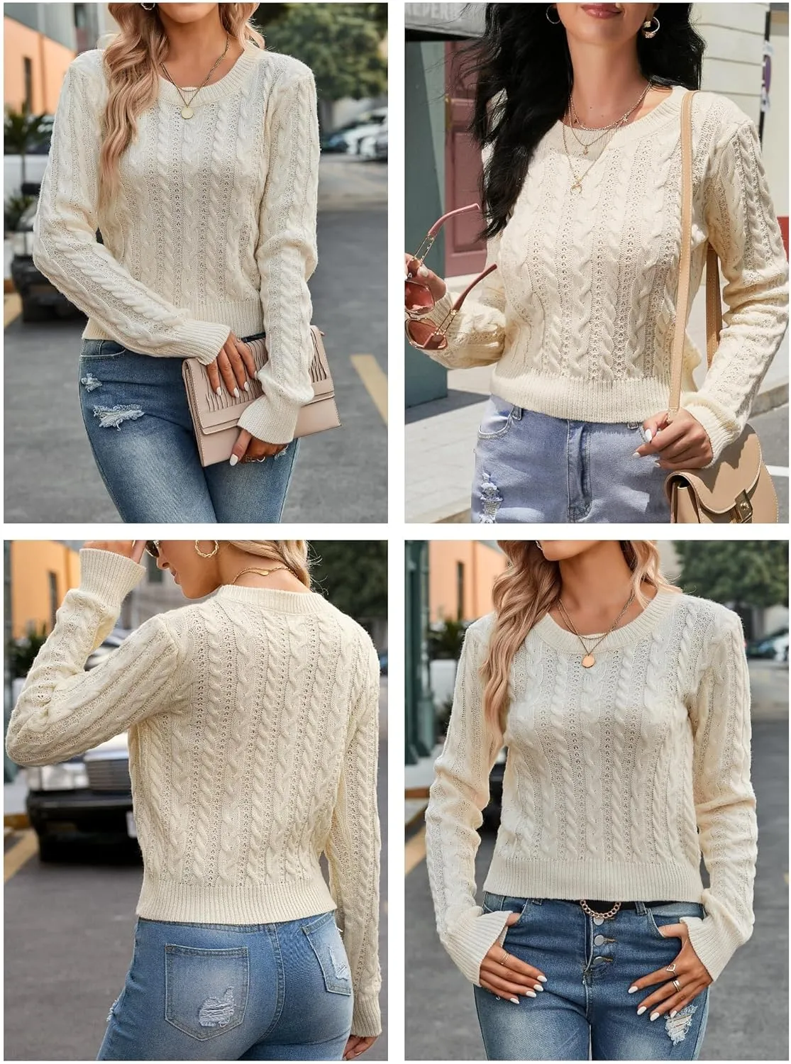 ZAFUL Women's Cable Cropped Sweater Long Sleeve Crewneck Pullover Knit Jumper Top