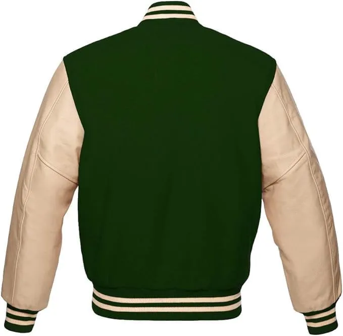 Zaine Enterprises Men's Classic Varsity Letterman Jacket - Multiy Wool Body & Cream Leather Sleeves Vintage Baseball Style