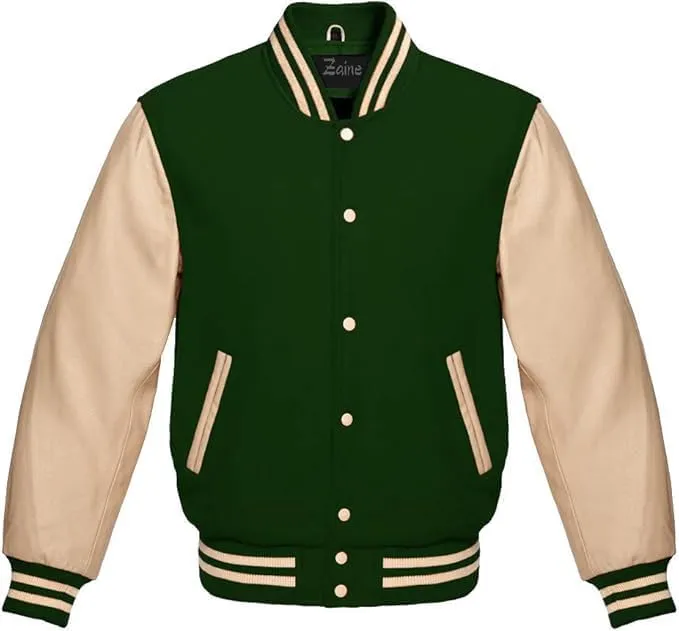 Zaine Enterprises Men's Classic Varsity Letterman Jacket - Multiy Wool Body & Cream Leather Sleeves Vintage Baseball Style