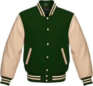Zaine Enterprises Men's Classic Varsity Letterman Jacket - Multiy Wool Body & Cream Leather Sleeves Vintage Baseball Style