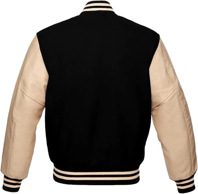 Zaine Enterprises Men's Classic Varsity Letterman Jacket - Multiy Wool Body & Cream Leather Sleeves Vintage Baseball Style