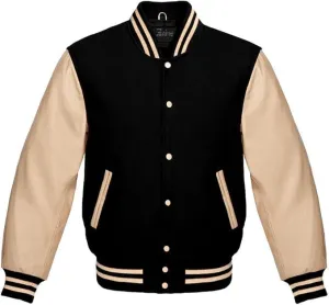 Zaine Enterprises Men's Classic Varsity Letterman Jacket - Multiy Wool Body & Cream Leather Sleeves Vintage Baseball Style
