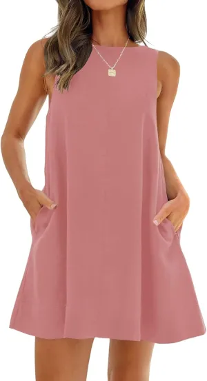 ZWRXW Cotton Linen Dresses for Women 2024 Summer Sleeveless Tunic Mini Dress Backless U Neck Sundress Flowy Beach Tank Dress