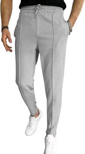 ZWRXW Men's Pants Pleated Front Casual Waffle Long Trousers Tapered Elastic Waist Drawstring Sweatpants with Pockets