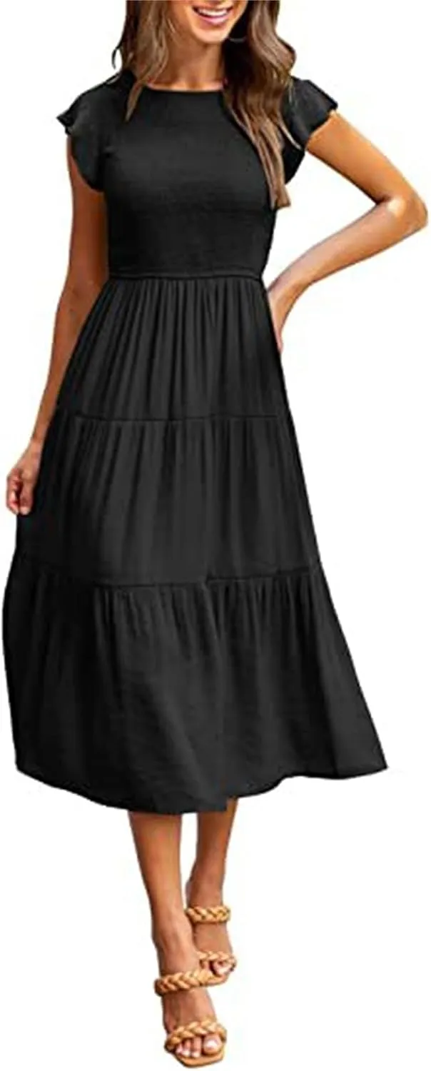 ZWRXW Womens Summer Casual Dresses Flutter Short Sleeve Crewneck Smocked Elastic Waist Tiered Midi Dress Flowy Beach Dress