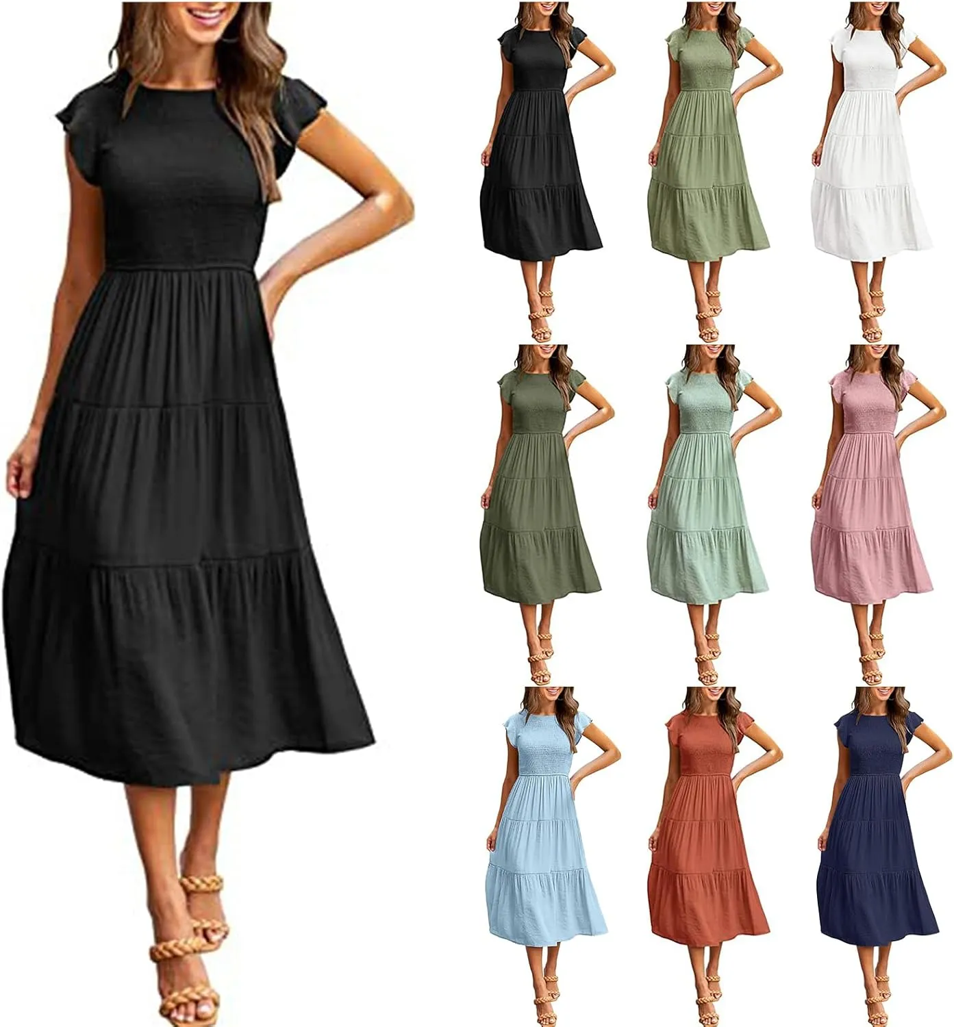 ZWRXW Womens Summer Casual Dresses Flutter Short Sleeve Crewneck Smocked Elastic Waist Tiered Midi Dress Flowy Beach Dress