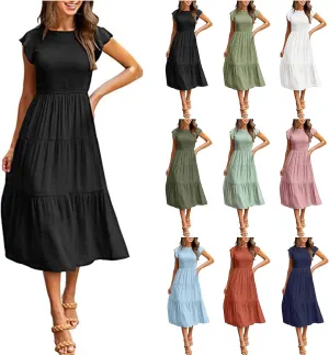 ZWRXW Womens Summer Casual Dresses Flutter Short Sleeve Crewneck Smocked Elastic Waist Tiered Midi Dress Flowy Beach Dress