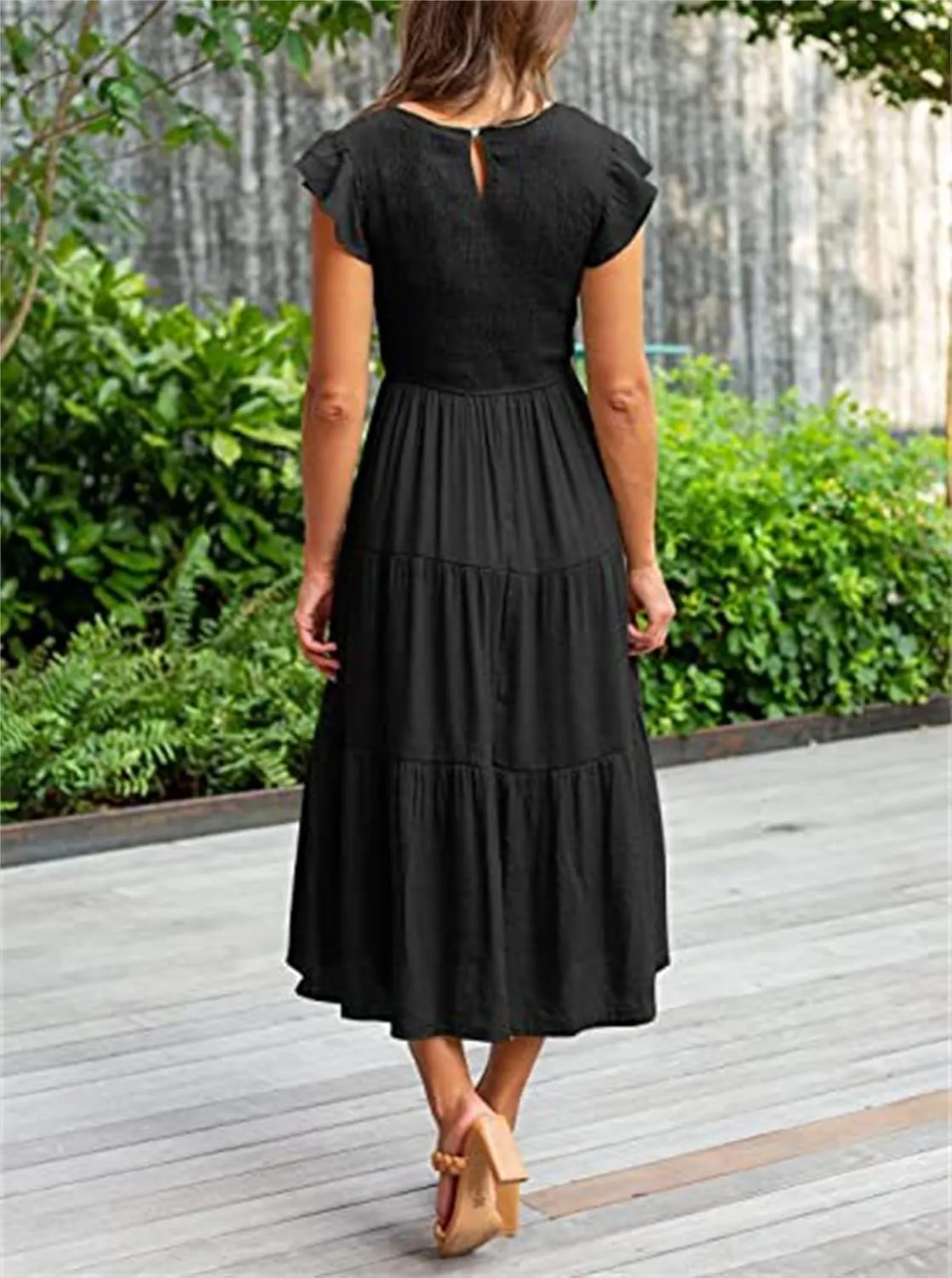 ZWRXW Womens Summer Casual Dresses Flutter Short Sleeve Crewneck Smocked Elastic Waist Tiered Midi Dress Flowy Beach Dress