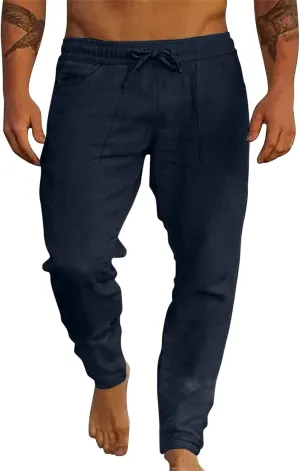 ZYXTIM Cotton Linen Casual Pants for Men Lightweight Cool Dry Summer Beach Trousers Elastic Waist Sport Cycling Yoga Pants