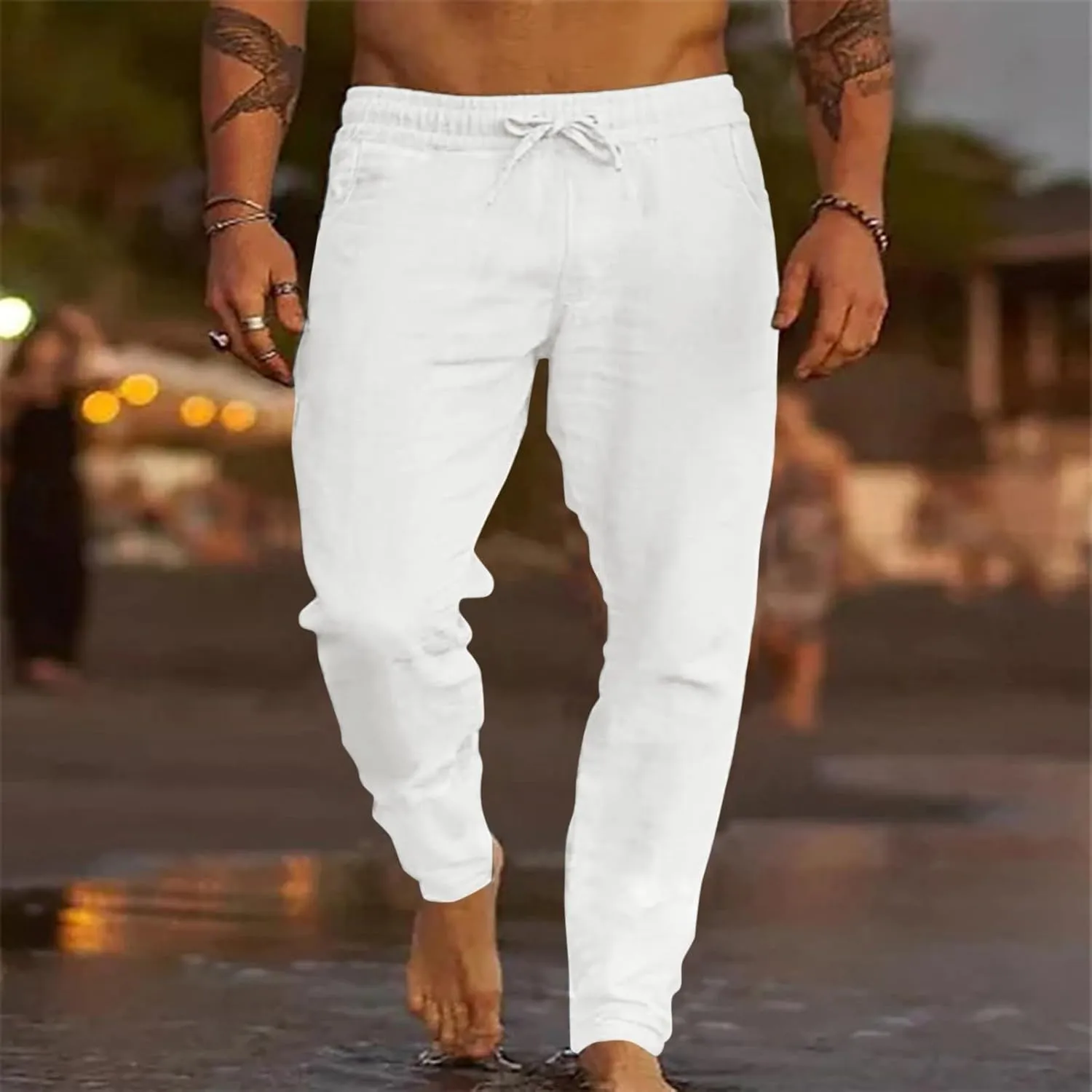 ZYXTIM Cotton Linen Casual Pants for Men Lightweight Cool Dry Summer Beach Trousers Elastic Waist Sport Cycling Yoga Pants