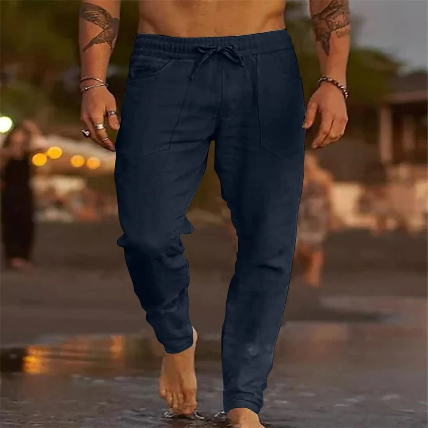 ZYXTIM Cotton Linen Casual Pants for Men Lightweight Cool Dry Summer Beach Trousers Elastic Waist Sport Cycling Yoga Pants