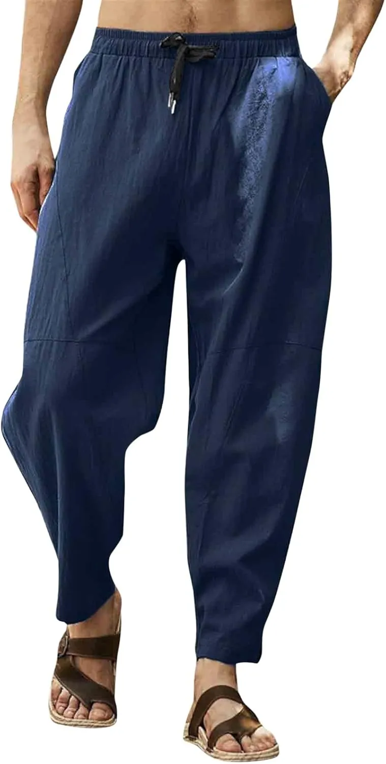 ZYXTIM Men's Casual Harem Pants Plus Size Elastic Waist Tapered Leg Plain Loose Summer Beach Trousers Low Rise Hippie Bottoms