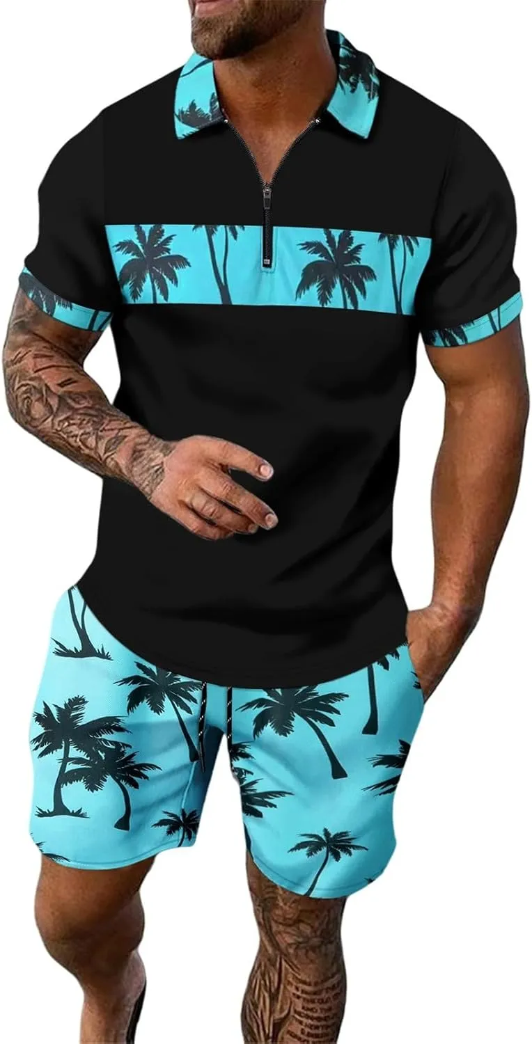 ZYXTIM Men's Hawaiian Tracksuit 2 Piece Sets Coconut Printed 1/4 Zipper Short Sleeve Henley Shirts Casual Shorts Sweatsuits